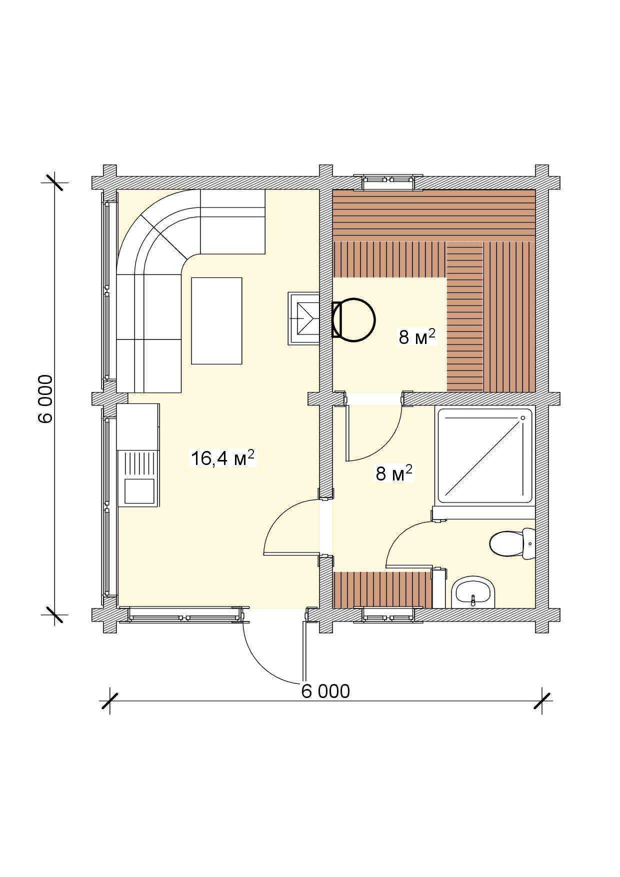 Проект бани площадью 6х6: планировка дома-бани с террасой, туалетом и кухней, план двухэтажной постройки из сруба