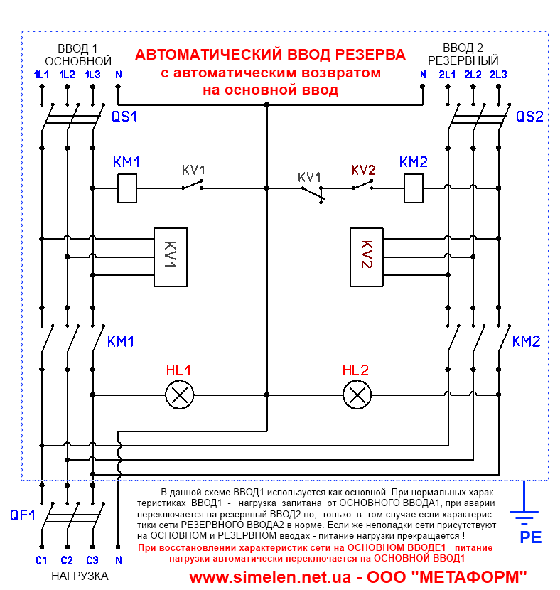 Схема авр на 2 ввода с реле контроля фаз