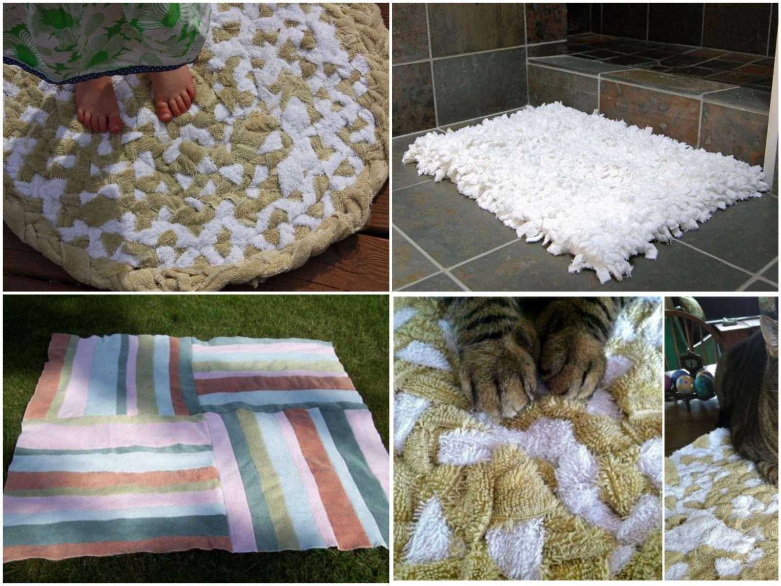 Старые полотенца можно использовать как основу для коврика в ванную, который легко сделать своими руками, используя подручные материалы